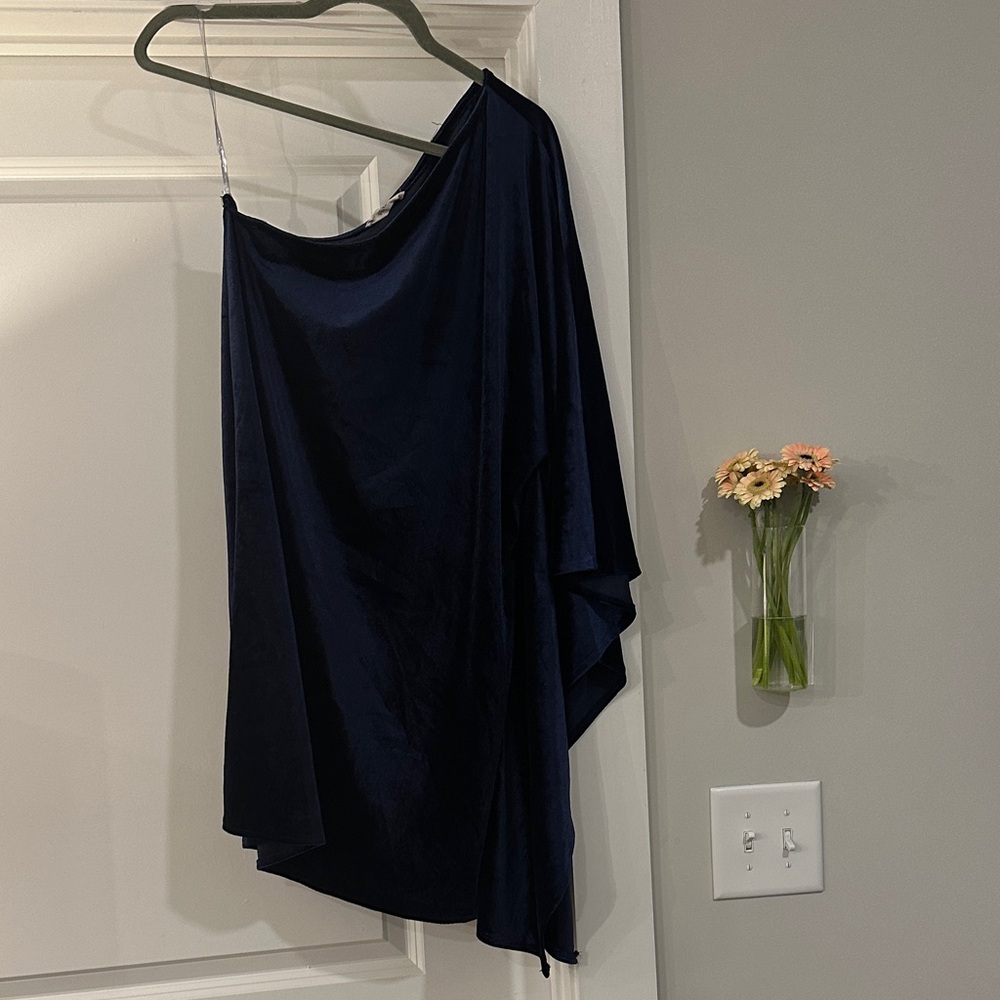 Elegant Velvet Navy Blue One Shoulder Dress, M